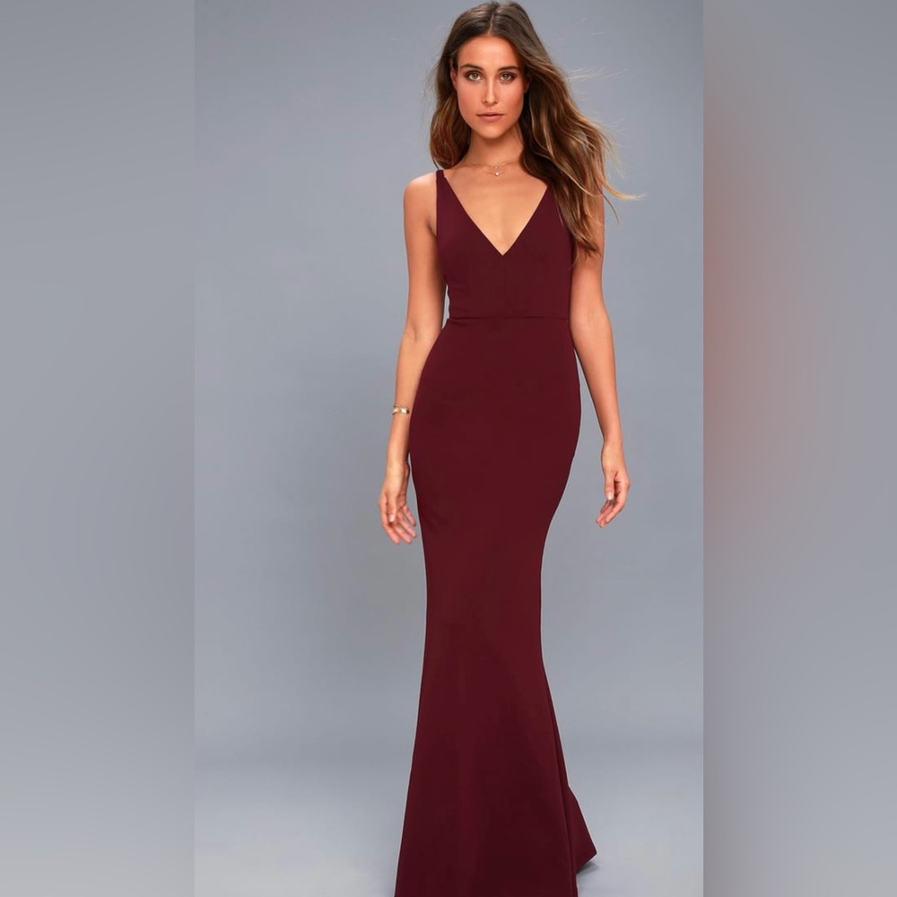 Lulus Melora Wine Red V Neck Mermaid Maxi Dress XS